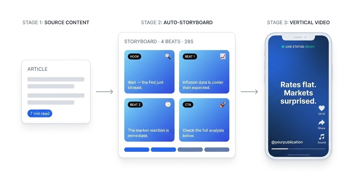 Article-to-TikTok pipeline — article preview, 4-beat storyboard, and vertical TikTok-style video